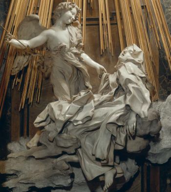 Gian Lorenzo Bernini (1598-1680), Extáze svaté Terezie, kostel Santa Maria della Vittoria, Řím.; "... když anděl vyňal svůj svůj šíp, zůstala jsem plná lásky k Bohu."