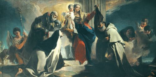 Giambattista Tiepolo (1696–1770), Panna Maria Karmelská se svatými Albertem Jeruzalémským, Terezií z Avily a Janem do Kříže. Všichni jsou považováni, ač různým právem, za zakladatele karmelitánů.
