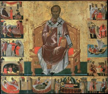 Svatý Mikuláš a příběhy z jeho života, krétská malba, 17. století, chrám San Giovanni in Bragora, Benátky.